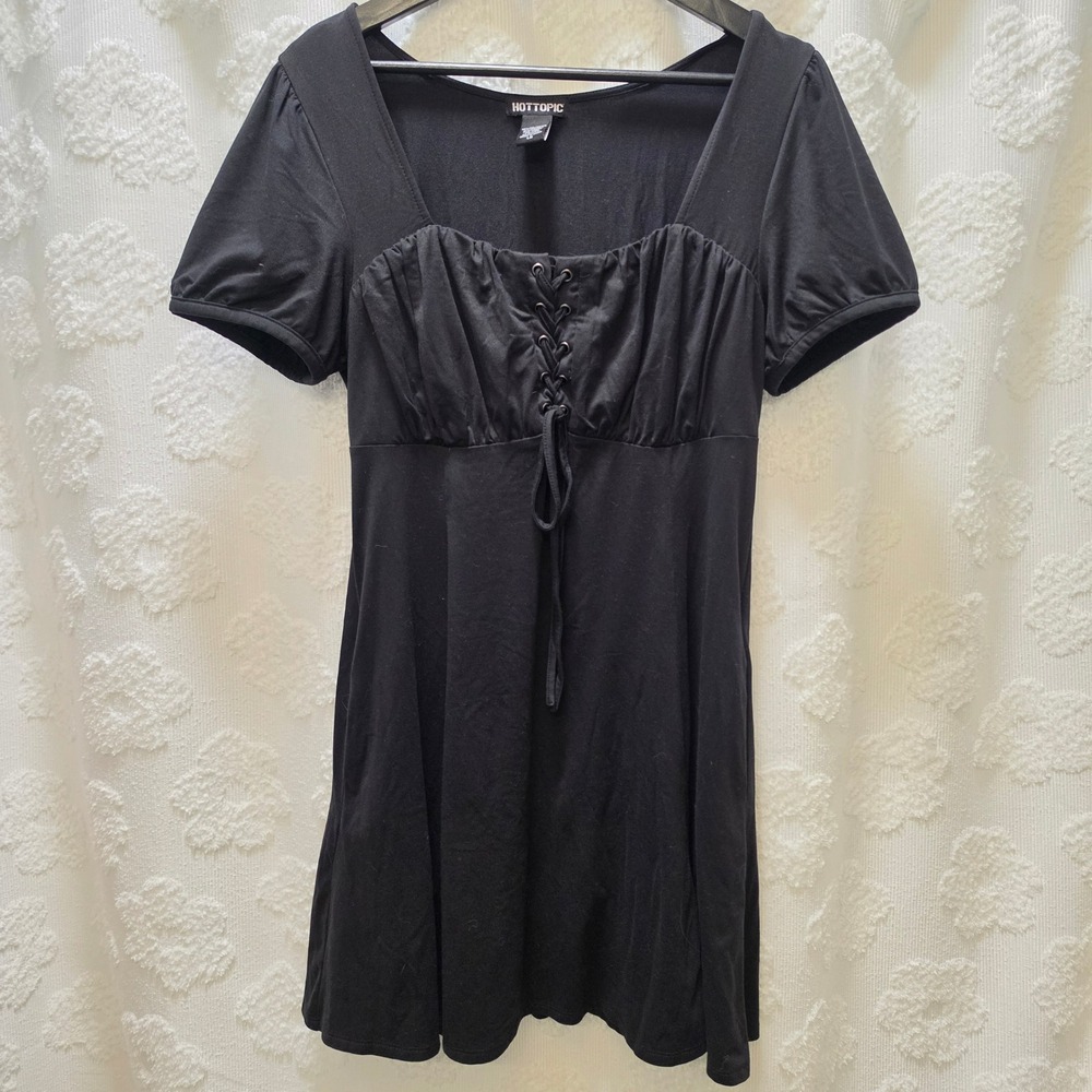 Hot Topic Black‎ Lace Up Milkmaid Mini Dress Pockets Goth Empire Waist Large